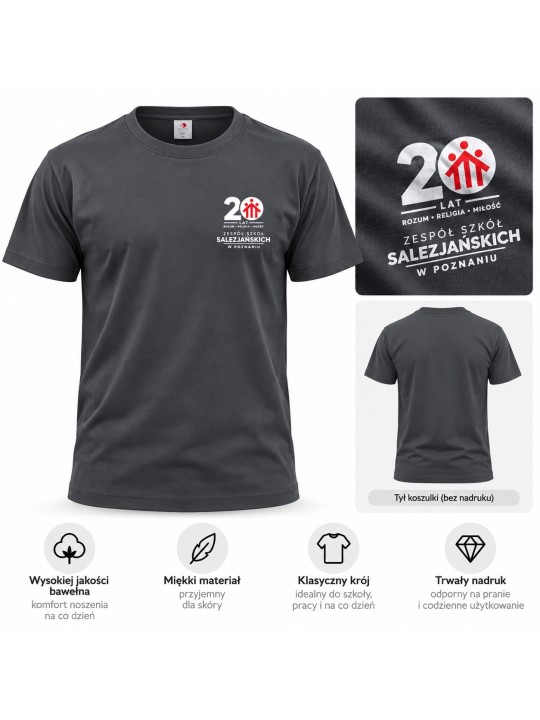 Koszulka młodzieżowa typu t-shirt w kolorze ciemny szary z logo 20 lat ZSSP